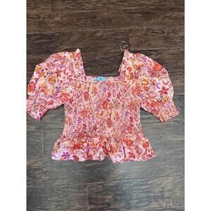 CeCe Womens Blouse L Pink Floral Smocked Puff Sleeve Square Neck Boho